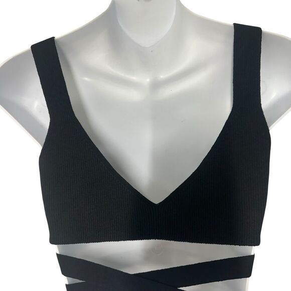 Live The Process Crop Top Women Small Theda Black Ribbed Knit Tie Detail Stretch - Picture 6 of 12